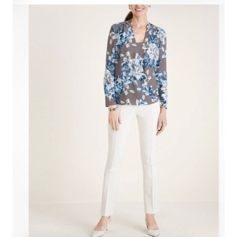 Chico's Floral Print Surplice Layered Wrap Blouse Grey Blue Size 3 XL